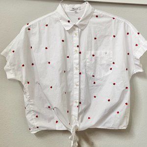 Madewell Embroidered Short-Sleeve Tie-Front Shirt in Fresh Strawberries
